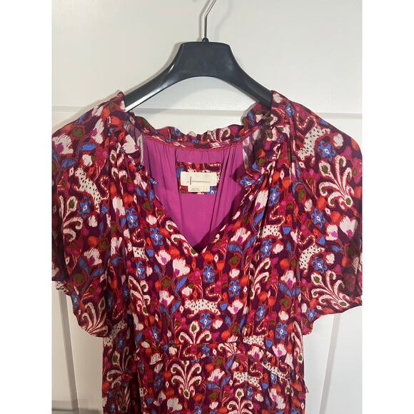 ANTHROPOLOGIE Robin Tiered Mini Dress Red Pink‎ Purple Ruffle VNeck Geo Sz L - Picture 4 of 11